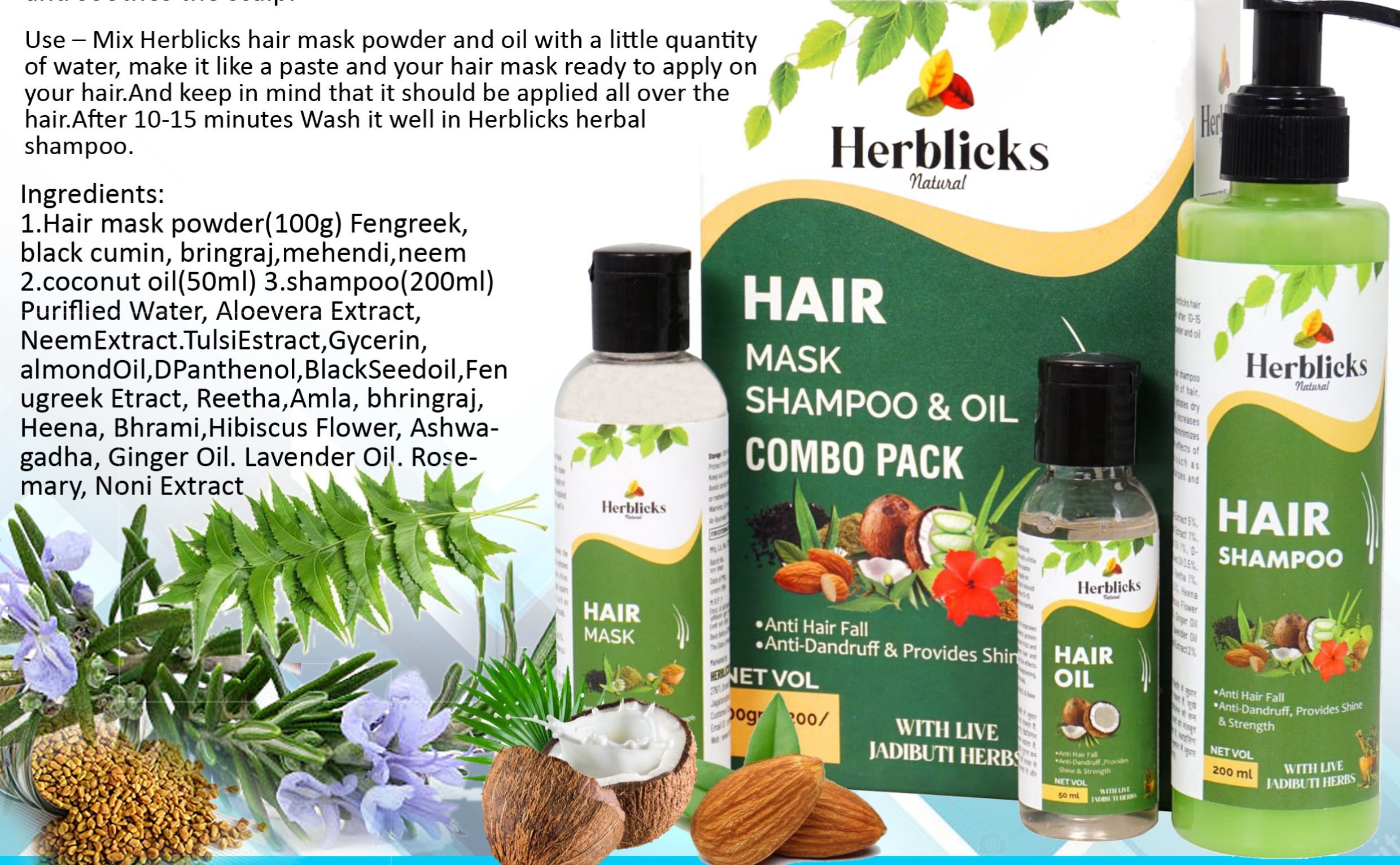 How Herblicks Shampoo hair mask & oil Combo pack gives Results- After using the hair mask, you will notice that the hair mask makes the hair dry. Don't worry, It first removes dandruff and dust sloppy, So that's why its dry the hair. Do not take tension, After this when you apply herblicks shampoo on your hair, the hair will become silk & fine.